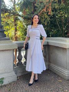 DUNA STRIPED MAXI DRESS Elegant Casual Buttons On The Front WOMEN'S FASHION - White - View 3