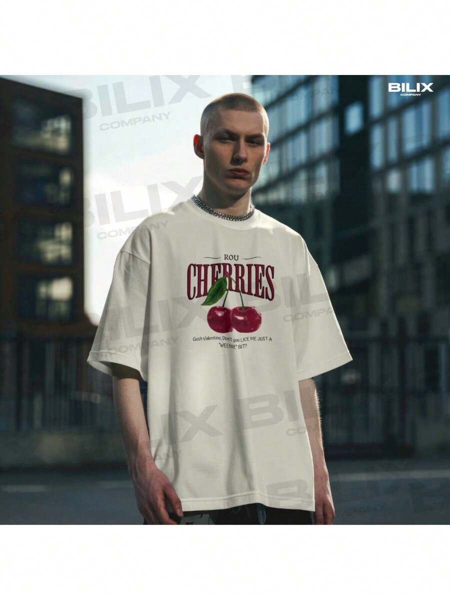 Camiseta Oversized Streetwear Camisa Masculina Cherries Blusão Tendencia 2024 - Bege - Visão 1