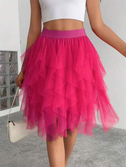 1pc Women's Asymmetrical Layered Ruffle Mesh Tulle Skirt, Cake Skirt