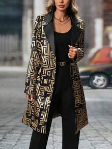 Women's Fashionable Geometric Pattern Long Blazer Jacket With Black Base And Gold Accents, Suitable For Spring And Autumn - Multicolor - View 1