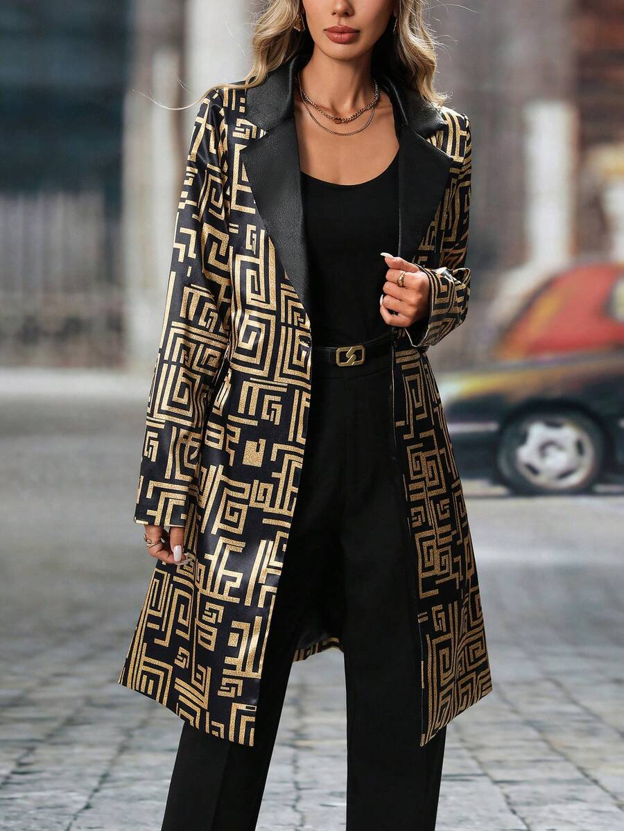 Women's Fashionable Geometric Pattern Long Blazer Jacket With Black Base And Gold Accents, Suitable For Spring And Autumn - Multicolor - View 1