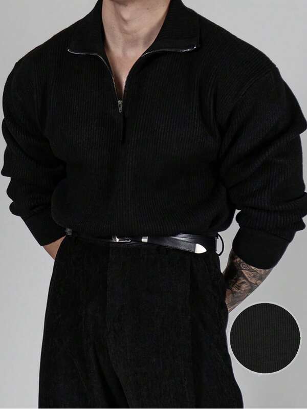 Men's Casual Solid Color Corduroy High Density Fabric Pullover Sweatshirt With Zipper Collar, Ribbed Texture, Suitable For All Seasons, Fall/Winter