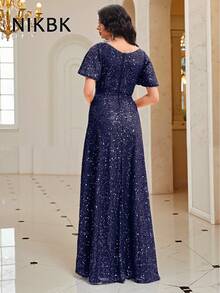 NIKBK Abito da sera elegante con paillettes per donna, in misto poliestere ed elastan, scollo quadrato, orlo ampio, lunghezza lunga, tessuto maglia vestibilità morbida, con 95% poliestere, 5% elastan, adatto per feste, banchetti, spettacoli e occasioni speciali, abito da sera formale, vestito da ballo del 4 luglio - Blu Navy - Visualizzare 8