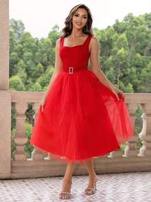 Joyfunear Elegant Waist-Cinched Sleeveless Dress, Suitable For Party And Gathering - Red - View 6