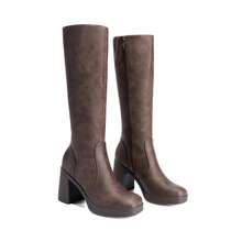Women's Chunky Block Heeled Knee High Boots Platform Square Toe  Fashionable Solid Color Gogo Boots With Side Zipper - màu nâu - Xem 11