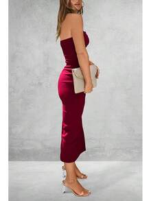 Women's Summer Bodycon Maxi Tube Dress Ribbed Strapless Side Slit Long Going Out Casual Elegant Party DressesHalloween Christmas New Year - 酒紅色 - 查看 2