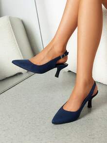 Women's Kitten Heel Point Toe Buckle Decor Slingback Stiletto Low Heels Dress Bridal Elegant  Solid Color Wedding Pumps Shoes - 霧霾藍 - 查看 3