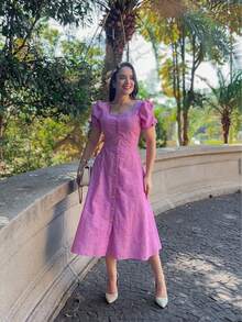 Simple Midi Dress Button Eyelet Embroidery Zipper Wedding - 查看 2