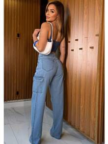 Women's Cargo Jeans, Street Fashion, Premium Fabric, 100% Cotton - 淺色水洗藍 - 查看 1