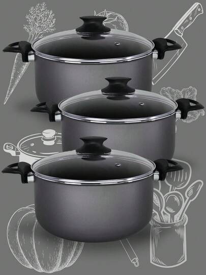 Kit 3 Peças Panelas Caçarolas 16, 18 e 20 cm Antiaderente com Tampa de Vidro Cor Grafite Preto