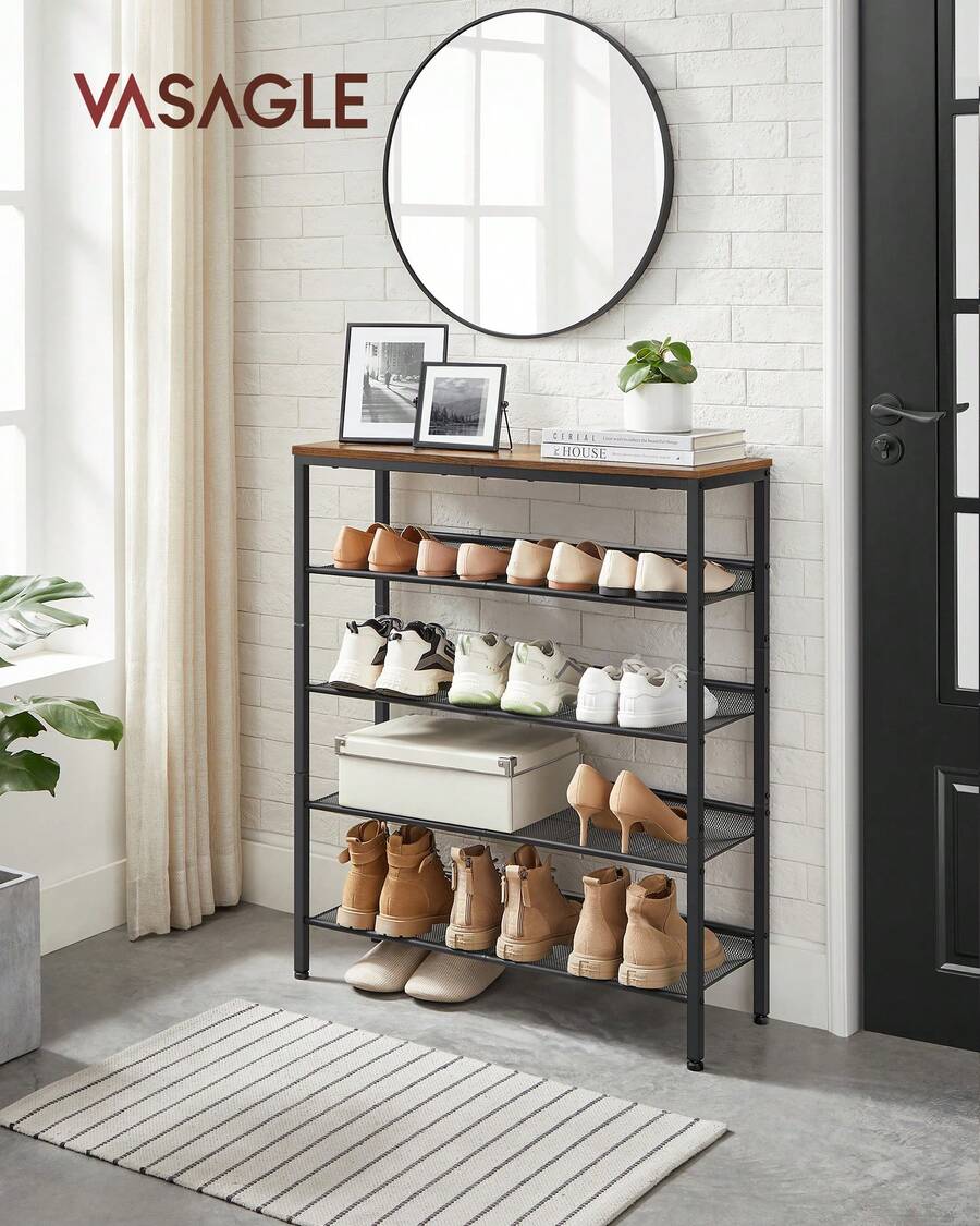 VASAGLE Shoe Rack For Entryway, 5 Tier Shoe Storage Shelves, 16-20 Pairs Shoe Organizer, With Sturdy Wooden Top And Steel Frame, Free Standing, Industrial - Rust Brown - View 1