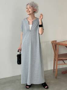 FRIFUL Abito lungo estivo casual da donna con cerniera metallica, colore unito, manica corta, ampio, abito da laurea per signore - Grigio Chiaro - Visualizzare 6