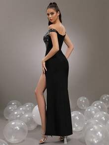 New Women's Luxury Heavy Industry Shiny Diamond Design Sexy Long Bandage Dress With One Piece Collar Shoulder Sleeve Water Diamond Tassel Design Tight Fit Fork To Thigh Long Dress For Women's Festivals/Weddings/Parties/Banquets/Women's Formal Banquets Dress - Black - View 6