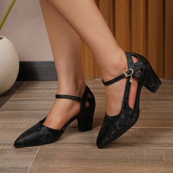 2024 Spring/Summer New Hollow Out Pointed Toe Mid Heel One-Strap Buckle High Heel Sandals, Floral Cutout Design Chunky Heel Elegant Comfortable Sandals; 2025 Spring/Summer Niche Design Chinese Style Strappy Sandals, Versatile Flat Sandals For Dresses & Beach, Lightweight Large Size Women Sandals