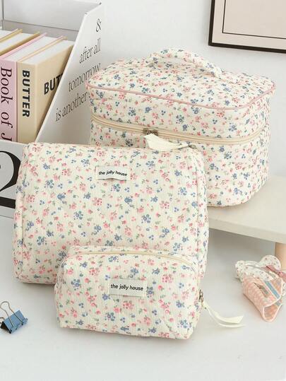 1pc/Set Floral Pattern Corduroy Makeup Bag, Multi-Functional Cosmetic Storage Pouch, Portable Zipper Makeup Organizer For Cosmetics, Skincare, Lipstick, Brushes, Hand Cream, Earphones, Coins, Keys, Small Items, Suitable For Home, Travel, Vacation, School, Makeup Bag, Toiletry Bag, Travel Essential, Cruise Essential, Dorm Essential, Bridesmaid Gift, Mother's Gift, Birthday Gift, Gift For Friends And Teachers