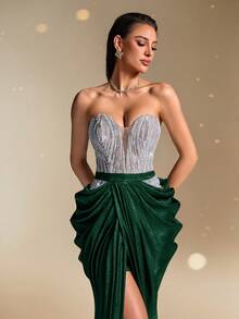 Vestido de noche con corsé con lentejuelas plateadas sin tirantes, vestido de sirena formal sexy para mujer, vestido de gala brillante, vestido de lujo para gala, vestido largo con cuentas sin hombros, vestido maxi ajustado para alfombra roja