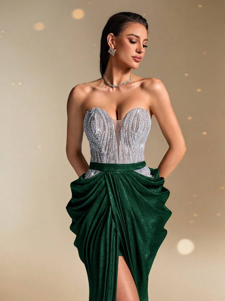 Vestido de noche con corsé con lentejuelas plateadas sin tirantes, vestido de sirena formal sexy para mujer, vestido de gala brillante, vestido de lujo para gala, vestido largo con cuentas sin hombros, vestido maxi ajustado para alfombra roja