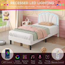 Flieks 3ft Single Upholstered Bed With LED Adjustable Shell Shape Headboard, Soft Velvet Bed Frame With Solid Wood Slat, No Box Spring Needed, Easy Assembly (No Mattress) - White - View 8