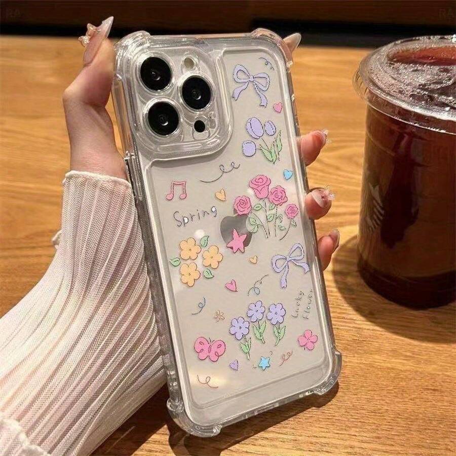 Funda transparente con diseño floral y protección antigolpes en las cuatro esquinas. Compatible con phone 16, 16 Pro, 13, 14, 14 Pro, 15, 15 Pro, XS Max, XS y XR. Material TPU con estampado de grafiti. Funda protectora estilo retro vintage. - transparente - Ver 1
