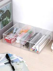 1 pieza Organizador de escritorio de acrílico con 4 compartimentos, organizador vertical para maquillaje, cuidado de la piel, gafas de sol y almacenamiento de artículos de papelería