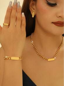 Smooth Chain Necklace, Bracelet, Earrings, Ring Jewelry Set For Women
