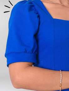 Milimetrica Vestido Midi Feminino Gravida Soltinho Elegante Com Manga Princesa Evangélico Congregar - Azul Royal - Visão 6
