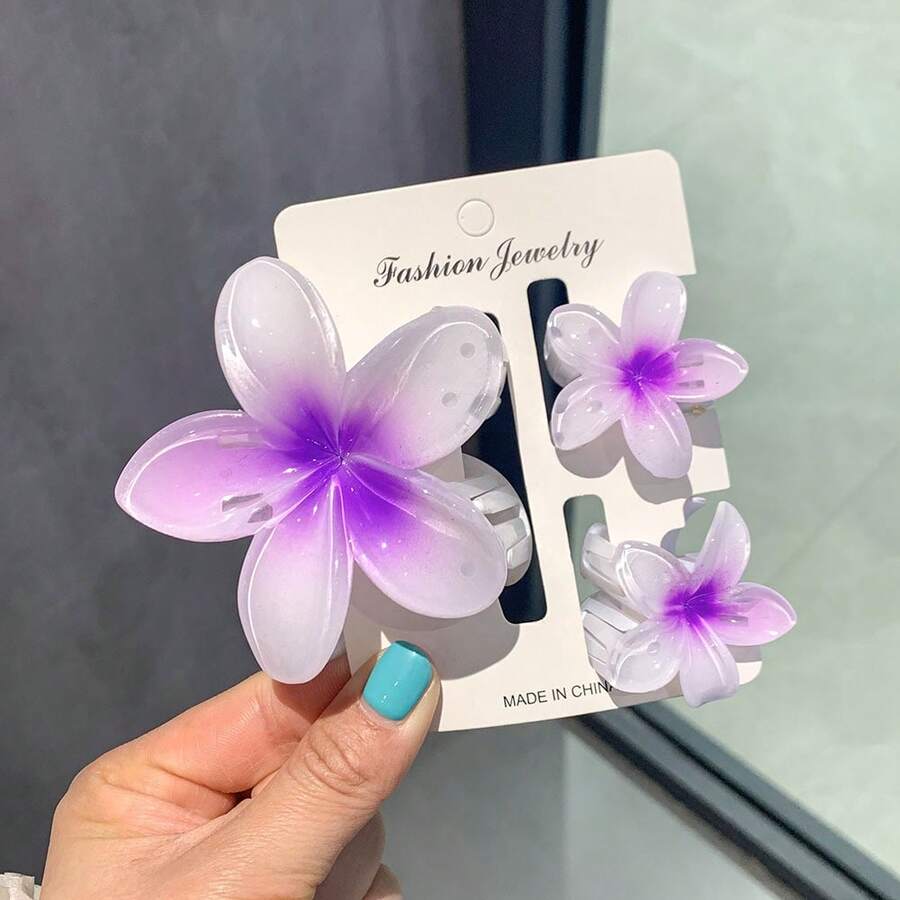 Kit 3 Transparent Flower Hair Clips Accessory Barrette For Women, Children, Girls - Purple - View 1
