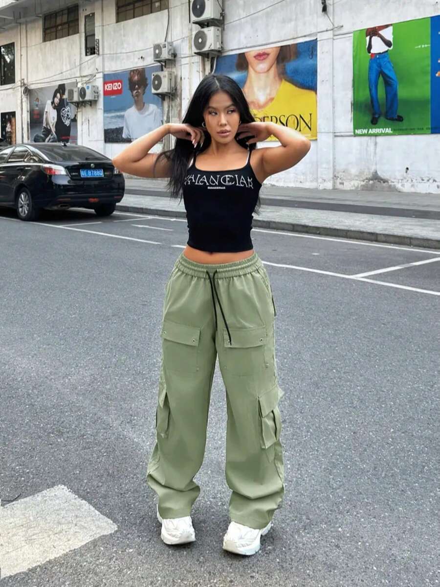 Green Elastic Waist Multi-Pocket Cargo Pants - Light Green - View 1