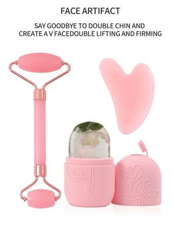 Set de 3 piezas de rodillo de superficie de hielo para el cuidado facial: rodillo de hielo, herramienta de masaje facial, rodillo de superficie de silicona con masajeador de cuarzo rosa y placa Gua Sha para aliviar la hinchazón facial y de los ojos, rodillo de masaje facial para el cuidado de la piel y el resplandor, apto para ojos, cuello y rostro, molde de rodillo de superficie de hielo, artículos de masaje de hielo para el verano, útiles de oficina, útiles escolares, artículos de viaje esenciales.