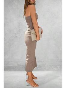 Women's Summer Bodycon Maxi Tube Dress Ribbed Strapless Side Slit Long Going Out Casual Elegant Party DressesHalloween Christmas New Year - 卡其色 - 查看 2