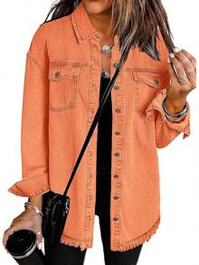 Vetinee Women's Oversized Button Up Frayed Hem Shacket Long Sleeve Pockets Denim Jean Jacket - 橘色 - 查看 1