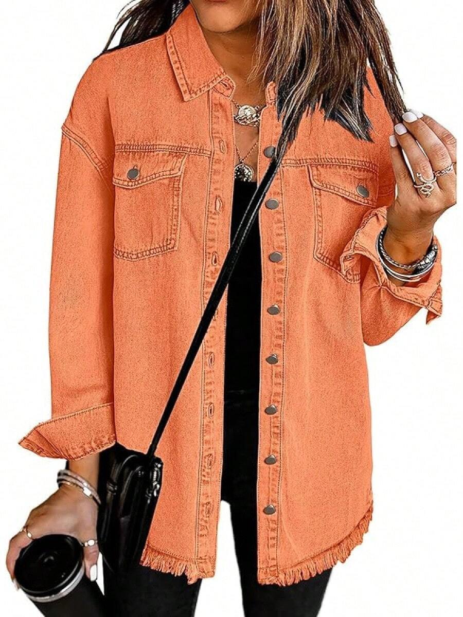 Vetinee Women's Oversized Button Up Frayed Hem Shacket Long Sleeve Pockets Denim Jean Jacket - 橘色 - 查看 1