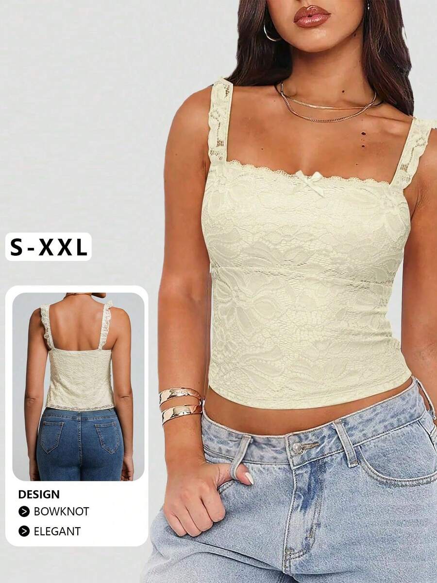 Elegant Bow Lace Patchwork Design Camisole, Summer - Yellow - View 1