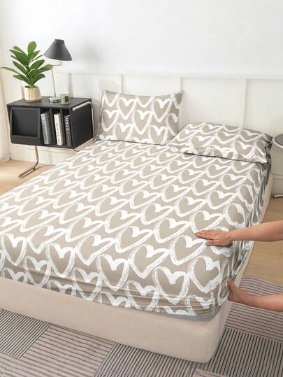 1 pieza Sábana con estampado de corazón, protector de colchón suave y cómodo para el dormitorio, incluye solo sábana ajustable, lavable a máquina