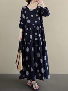 Bluzki, Długa sukienka jesienna, Długa sukienka w groszki, Codzienna sukienka w stylu boho na wakacje, Sukienka damska w rozmiarze plate, Jesienna sukienka plisowana z długim rękawem i okrągłym dekoltem (2025), Jedna sukienka, Losowy wzór