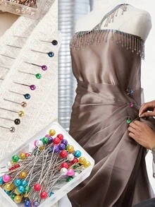 100 piezas/Caja Alfileres decorativos de plástico con perlas falsas de colores para hacer ropa, San Valentín, boda de San Valentín, manualidades de cumpleaños, suministros de costura, accesorios de costura, manualidades DIY, diseño de moda y acolchado - Colores surtidos, accesorios de costura, alfileres de acolchado, suministros de manualidades, agujas multiusos, caja de almacenamiento duradera - Multicolor - Ver 5