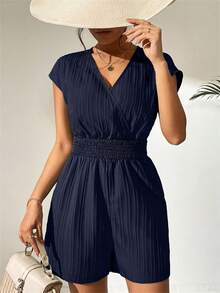 Mono Casual Unicolor para Mujer, Cintura Recogida, Cuello en V, Lazo en Espalda - Azul Marino - Ver 4