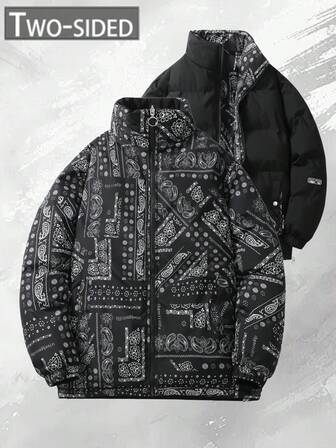 Herrjacka, vändbar ståkrage med tjock vadderad vindjacka, vadderad kappa med cashewblommönster, höst/vinter