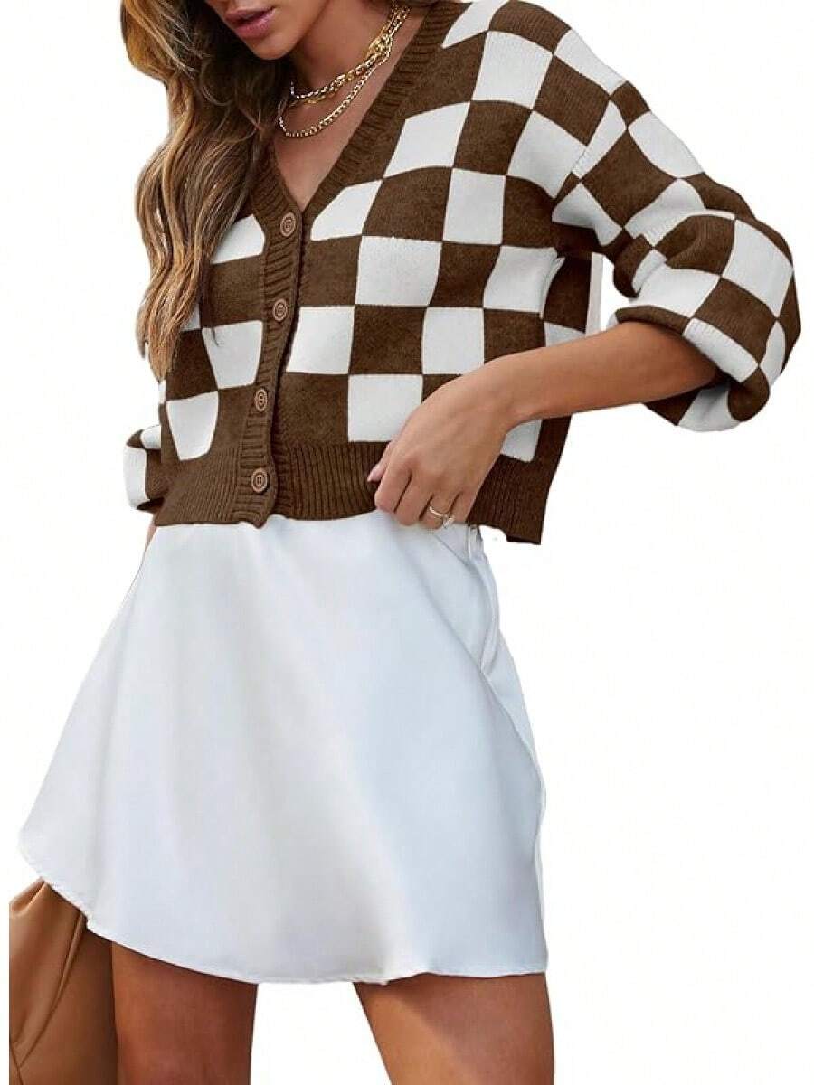 Women's Checkered Button Down Long Sleeve Knit Cropped Cardigan Sweater Tops, Style - 棕色 - 查看 1