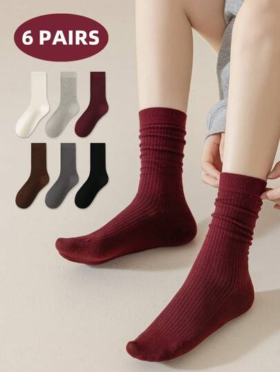 1/5/6 Pairs Women Socks, Encore Solid Color Ribbed Mid-Calf Socks, Simple & Versatile For Outdoor Casual Wear, Indoor Black & White Ladies Socks, Autumn/Winter