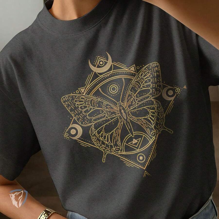 Golden Butterfly Printed T-Shirt | Mystical And Geometric Art - 深灰色 - 查看 1