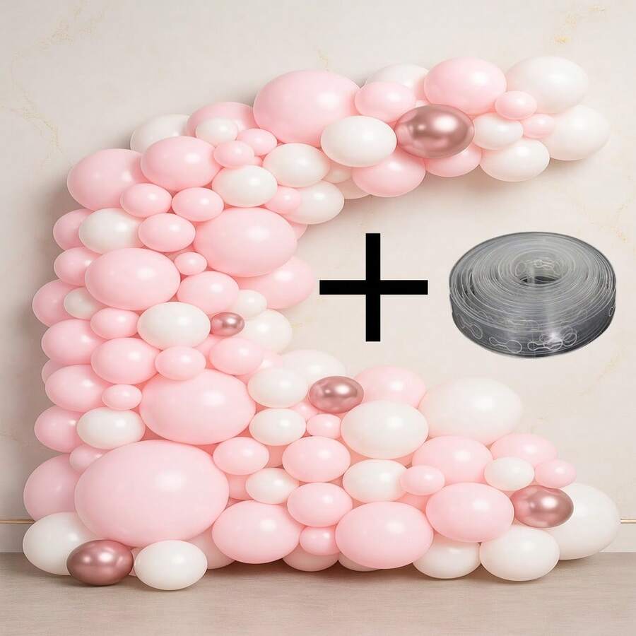 Kit 125 Balloons Pic Pic White + Baby Pink + Pink Chrome + Ribbon For Deconstructed Arch