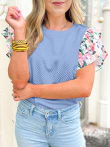 Acelitt Women's Blue Round Neck Fitted Ruffle Floral Cuff Short Sleeve T-Shirt, Fashionable And Stylish For Summer Casual - Blue - View 3
