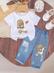 2 Stück Baby Jungen Lässig, süß und bequem, Bären Muster Kurzarm Top und Muster Hose Set, leicht für den Sommer