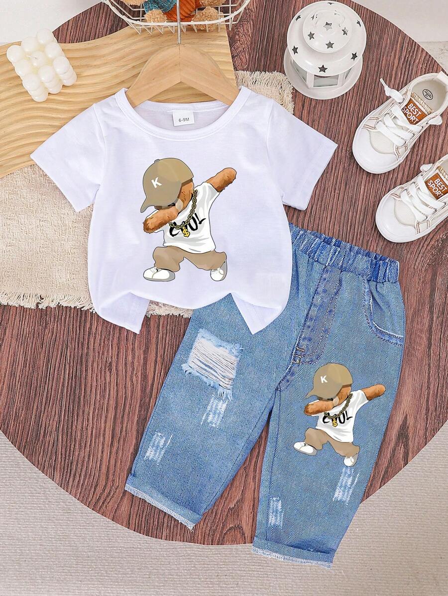 2 Stück Baby Jungen Lässig, süß und bequem, Bären Muster Kurzarm Top und Muster Hose Set, leicht für den Sommer