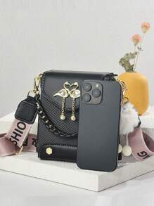 迷你手机包套装 - 时尚印花单肩包和斜挎包 - 黑色 - 查看 8