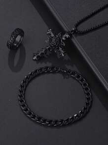 3pcs Men's Fashion Punk Rock Hip Hop Party Accessories Rose Flower Cross Necklace Bracelet Ring Set