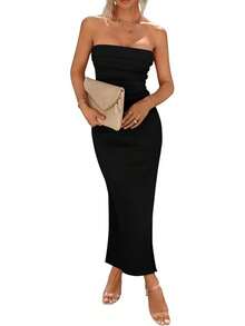 Women's Summer Bodycon Maxi Tube Dress Ribbed Strapless Side Slit Long Going Out Casual Elegant Party DressesHalloween Christmas New Year - 黑色 - 查看 1