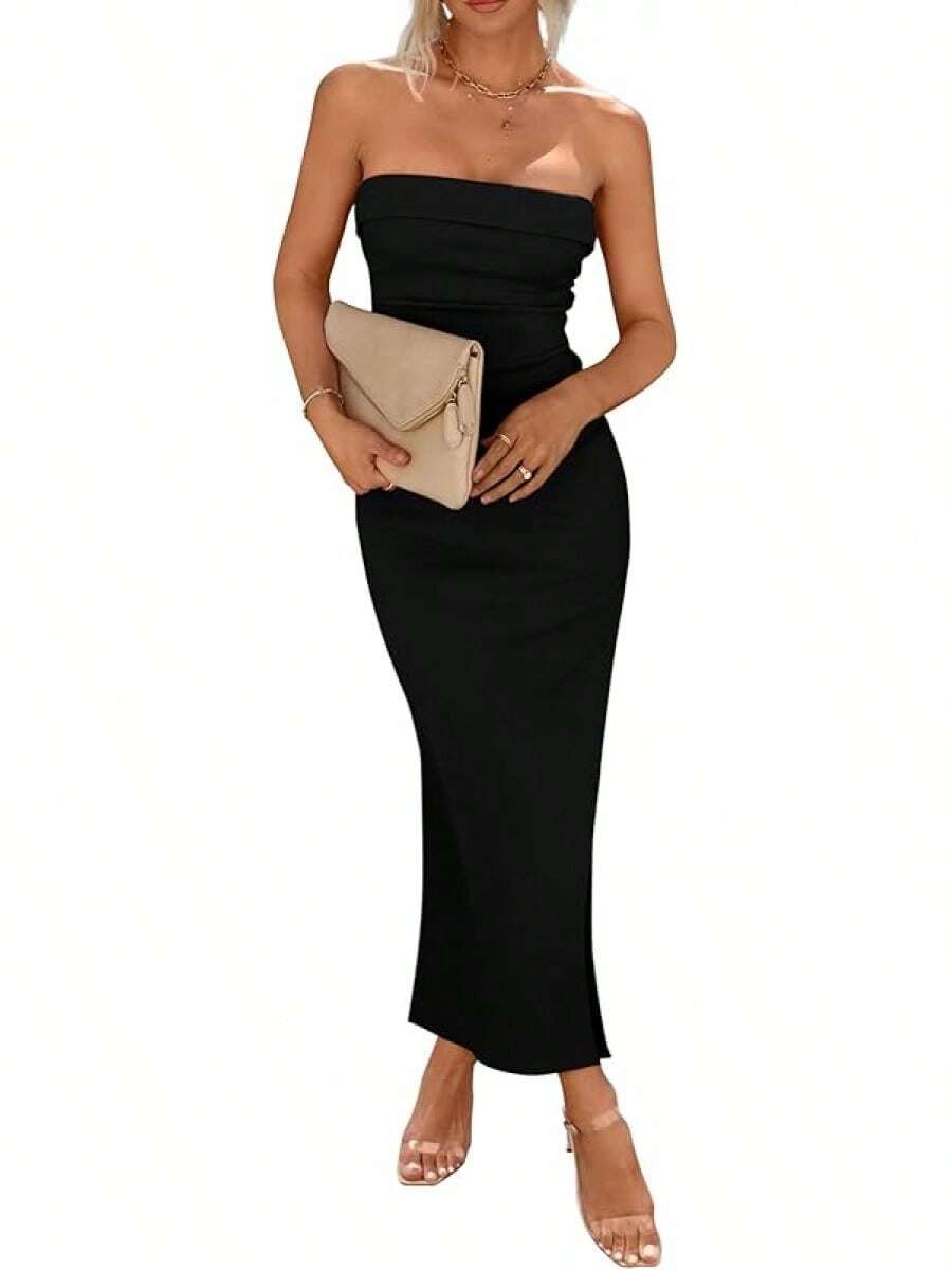 Women's Summer Bodycon Maxi Tube Dress Ribbed Strapless Side Slit Long Going Out Casual Elegant Party DressesHalloween Christmas New Year - 黑色 - 查看 1