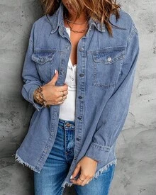 Vetinee Women's Oversized Button Up Frayed Hem Shacket Long Sleeve Pockets Denim Jean Jacket - 千洋之藍 - 查看 8